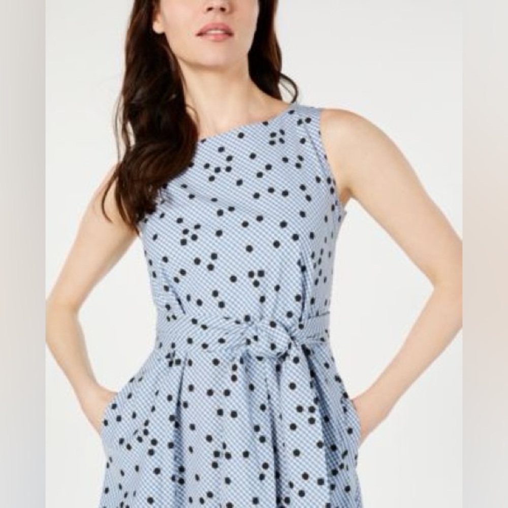 Anne Klein Blue and Black Checkered Polka Dot Sleeveless Summer Dress